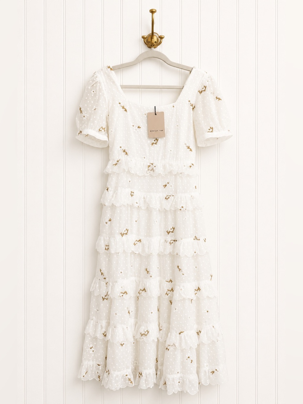 Adelyn Rae Llacie White Gold Embroidered Swiss Dot Midi Dress NWT
